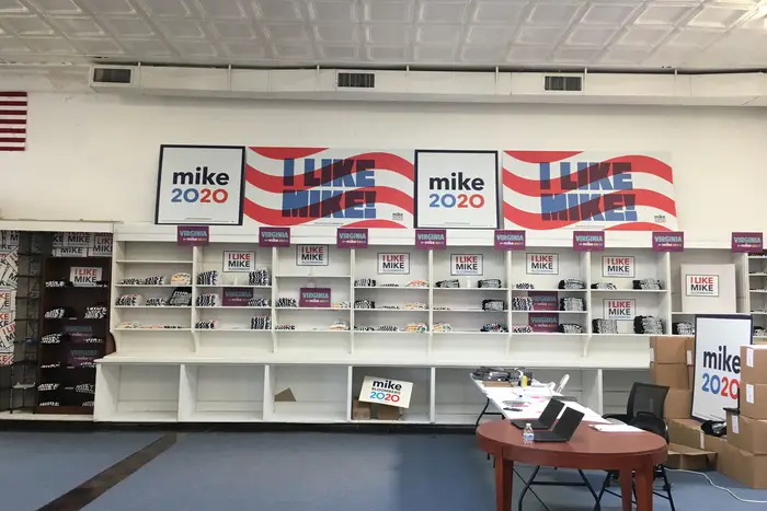 An empty space filled with Mike Bloomberg presidential merchandise inside Bloomberg campaign headquarters in Richmond, Virginia.
